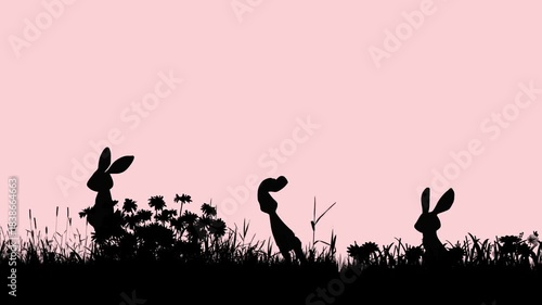 Loopable horizontal animation of three rabbit silhouettes hopping across a garden scene on a soft pink background, creating a playful Easter atmosphere with smooth cartoon motion concept.
