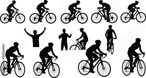 Detailed Vector Silhouette Collection of Cyclists Riding Road Bikes and Mountain Bikes in Various Active Poses, Isolated Illustration Set.