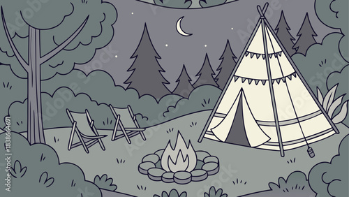 Cozy Campsite Under Starry Night Sky Illustration