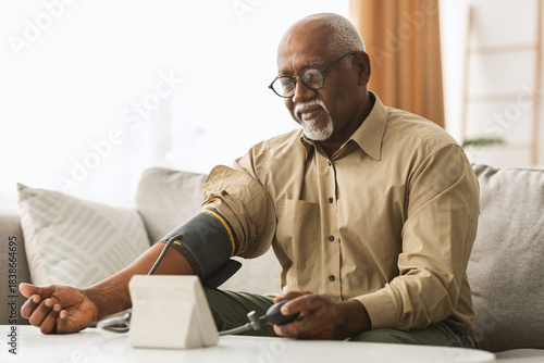 Obraz na plátne A senior man with glasses is monitoring his blood pressure using a digital device while seated comfortably