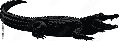 Detailed Vector Silhouette of a Fierce Alligator or Crocodile with Open Mouth and Sharp Teeth, Representing Danger and Predatory Power.