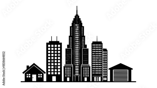 Vector illustration of city skyline silhouette with house and garage isolated on transparent background