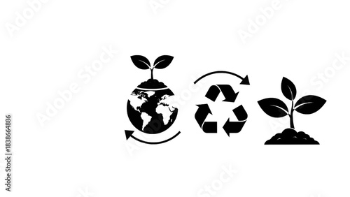 Vector illustration of ecology and recycling icons sprout on earth, recycle symbol, and plant isolated on white isolated on transparent background