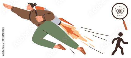 Woman propels forward using a rocket backpack toward success, magnified vision icon with pathways, and figure in motion. Ideal for innovation, ambition, progress, leadership, exploration, career