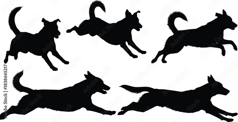 Naklejka premium Dog silhouette, running and leaping pose, black vector art, canine motion, energetic posture, animal agility, pet activity, dynamic movement, outdoor design