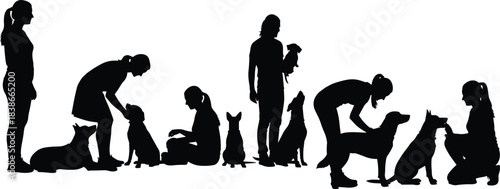 Dog and human silhouette, pet interaction, black vector art, companionship scene, animal care, training moment, affection pose, friendship design, outdoor bond