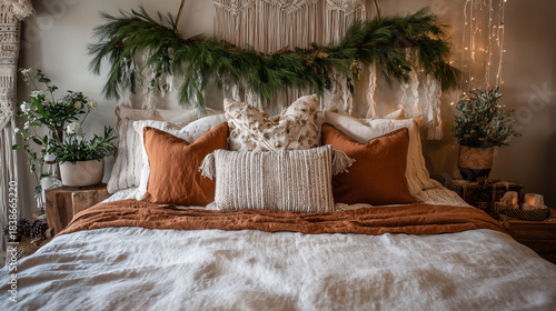 Christmas boho bed nook with linen blankets, real fir garland above the headboard