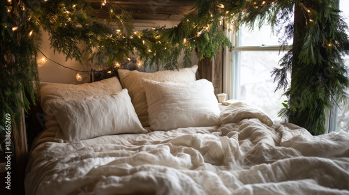 Christmas boho bed nook with linen blankets, real fir garland above the headboard