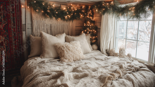 Christmas boho bed nook with linen blankets, real fir garland above the headboard