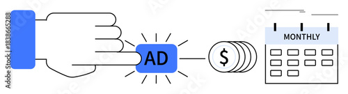 Hand interacting with Ad button, coins representing payment, and calendar marked as monthly. Ideal for digital marketing, e-commerce growth, subscription services, revenue planning, advertising