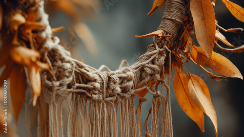 Boho eco wreath made of real branches, dried leaves, and macrame details
