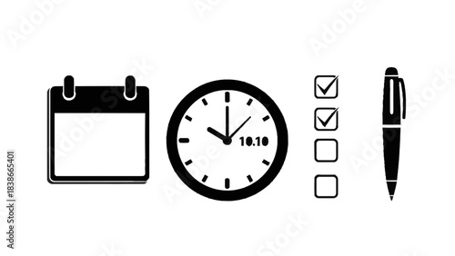 Vector illustration of calendar, clock showing 1010, checklist, and pen icons isolated on transparent background