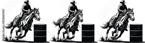 Dynamic Barrel Racing Vector Illustration, Cowboy Riding Horse Fast Around Barrel, Classic Western Rodeo Competition Sport, Black and White Ink Style.