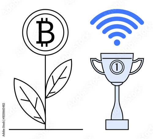 Cryptocurrency concept. Bitcoin symbol growing thumbs up a plant, growth in digital assets. Wireless connectivity and achievement trophy depict success in technology. Use for blockchain, fintech