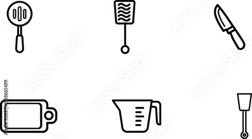 A comprehensive collection of modern minimalist kitchen utensil line icons including a slotted spoon