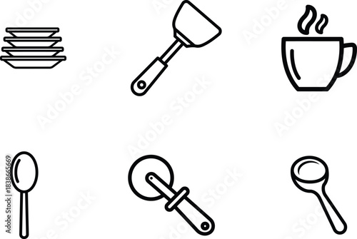 A comprehensive collection of simple black outline kitchen and dining icons featuring stacked plates