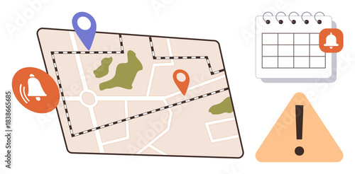 Map with location pins, alert icons, calendar, and exclamation mark communicating navigation, reminders, scheduling, event planning, location tracking, notifications and efficient time management