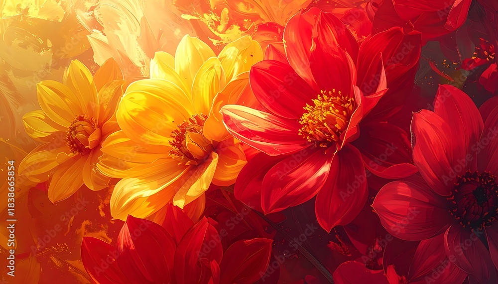 Fototapeta premium Blossoming floral arrangement with red and yellow flowers fading from bright light to deep reds, painterly style