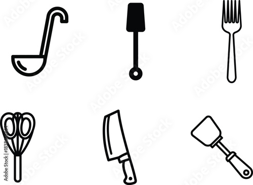A comprehensive set of essential kitchen utensils icons including a classic ladle a versatile solid