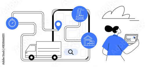 Logistics management, supply chain, route optimization, delivery services, technology integration, tracking systems. Truck with route map and person holding tablet. Logistics management and supply