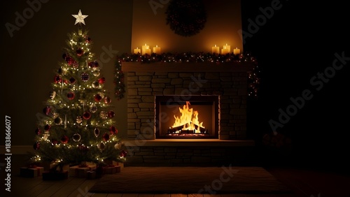 fireplace with Christmas tree and fireplace, Dark theme background