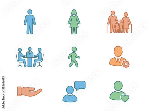 Diverse collection of colorful human figures and social interaction icons.