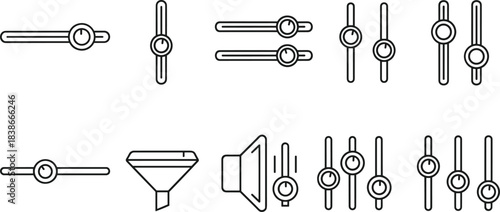 Audio control sliders, adjustment interface icons, volume and filter symbols, sound settings elements, equalizer controls, user interface vector illustration set