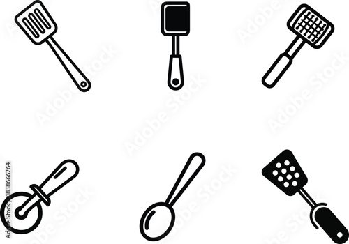 A diverse collection of essential kitchen cooking utensils displayed as minimalist black and white