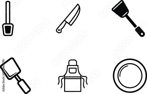 A versatile collection of essential monochrome kitchen and cooking utensils features a sharp chef