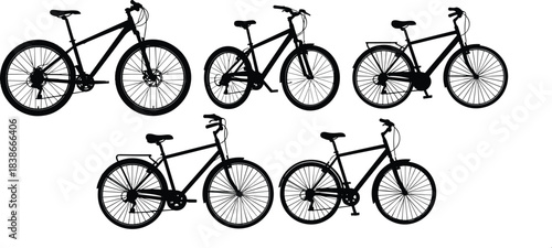 Bicycle silhouette collection featuring various bike types, cycling illustration set for transportation, outdoor sports, commuter themes, simple black vector design
