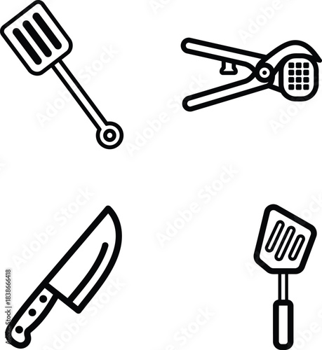 A versatile collection of essential outline kitchen utensil icons features a durable slotted cookin