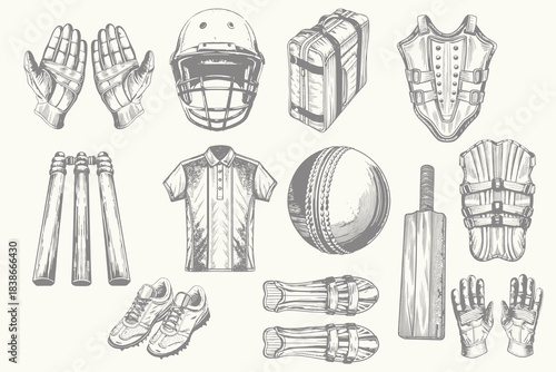 hand drawn engraving  cricket sports set illustration. Retro Helmet, Keeper Gloves, Stumps, Shoes, Guard, Guard, Jersey, Kit Bag, Cricket Bat, Ball, Gloves, Pads. eps 10