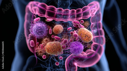 Food poisoning concept ,Artistic X ray of stomach full of dangerous microbes, medical concept showing bacteria and viruses