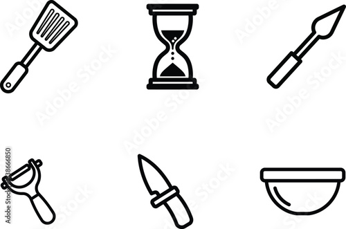  A versatile collection of six modern black outline icons featuring essential kitchen tools