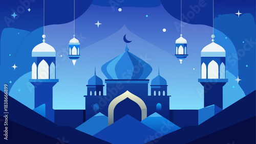 Deep Blue Night Sky with Crescent Moon and Shimmering Stars