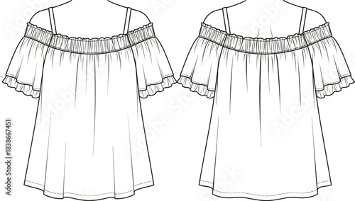 Fashion CAD drawing flat vector illustration, women's off-the-shoulder blouse technical sketch with spaghetti straps, smocked neckline, and short tiered ruffle sleeves.