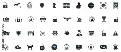 Cyber Security Icons Set – Data Protection, Privacy, Surveillance, and Network Safety Line Symbols