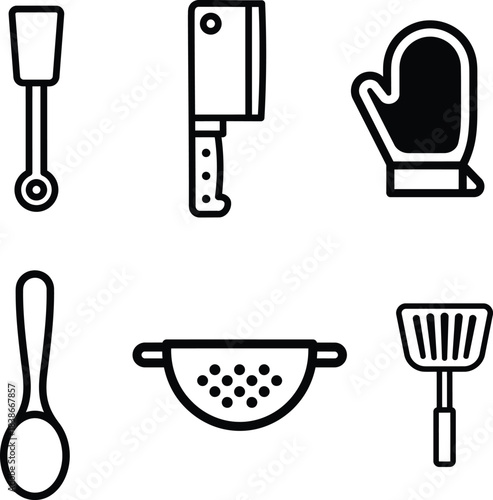 Modern kitchen tools and cooking utensils line art vector icon set for culinary and food preparation