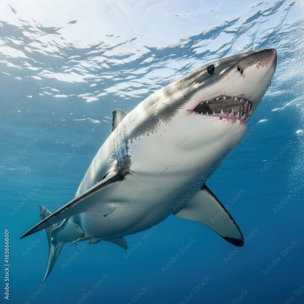Naklejka premium Majestic great white shark surfaces from deep blue ocean waters underwater photography