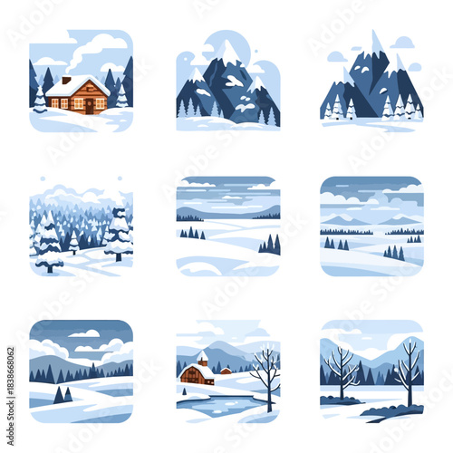 Winter Landscape Icon Set Featuring Frozen Lakes, Snowy Trees, and Mountain Views