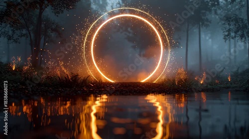 A Mystical Glowing Portal Surrounded by Trees in a Foggy Forest, Time Portal