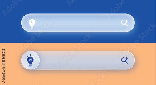 Glassmorphism AI search bar user with glowing light bulb icon element for creativity, technology, idea, innovation, brainstorm, machine learning design illustration