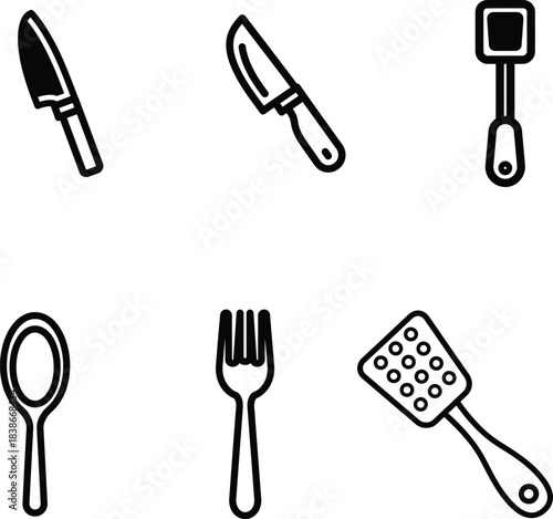 Vector outline illustration of essential kitchen utensils featuring a variety of cooking and eating