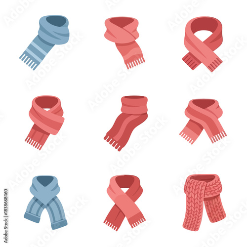 Winter Scarf Icons in Bright Colors and Soft Knitted Fabrics