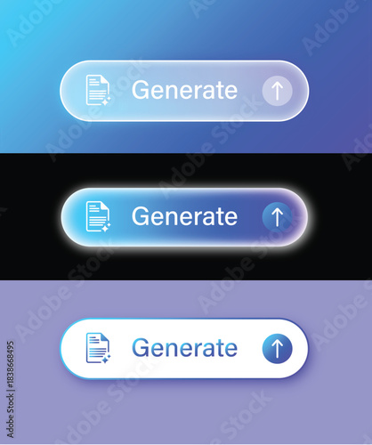 AI document writing generation button with upload arrow icon on gradient glassmorphism colors for generative AI prompt, input, text generation, content creation illustration