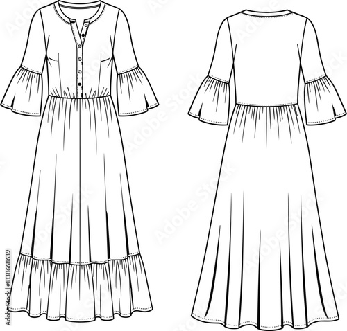 Flared Long Dress Fashion Flat Technical Drawing, Women's Peasant Style Ruffle Hemline and Bell Sleeve Garment CAD Illustration