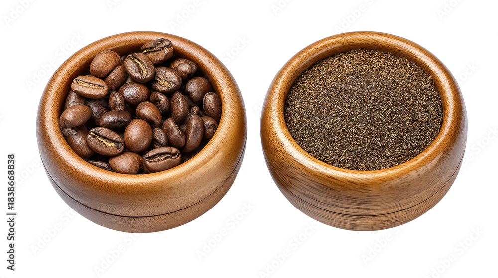 Fototapeta premium High-Quality Coffee Beans and Ground Coffee in Wooden Bowls for Aromatic Beverage Preparation