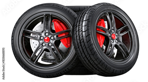 Stylish Black Alloy Wheels with Red Brake Calipers Designed for High-Performance Vehicles and Modern Sports Cars