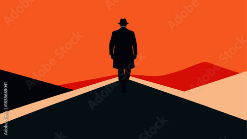 Silhouette of Man Walking Toward Geometric Star Shape
