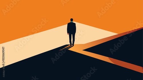 Silhouette of Man Walking Toward Geometric Star Shape